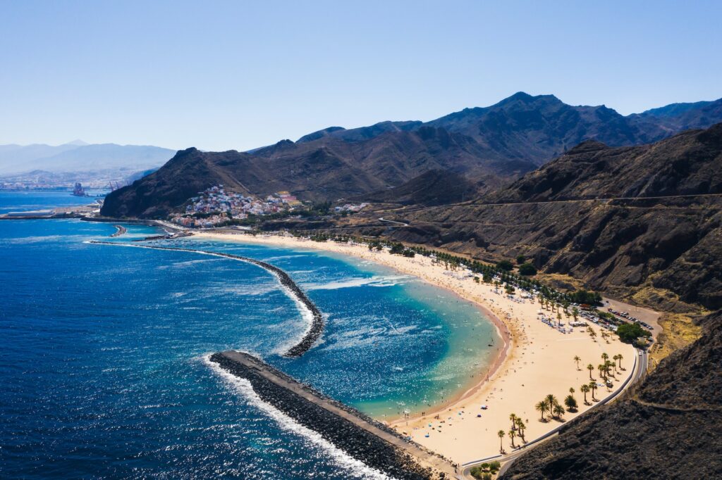 Amazing view of beach las Teresitas with yellow sand. Location: Santa Cruz de Tenerife, Tenerife